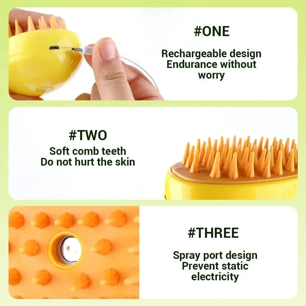 Herramienta Eléctrica de Aseo para Mascotas 3 en 1: Cepillo de Vapor con Funciones de Masaje y Eliminación de Pelo para Gatos y Perros.